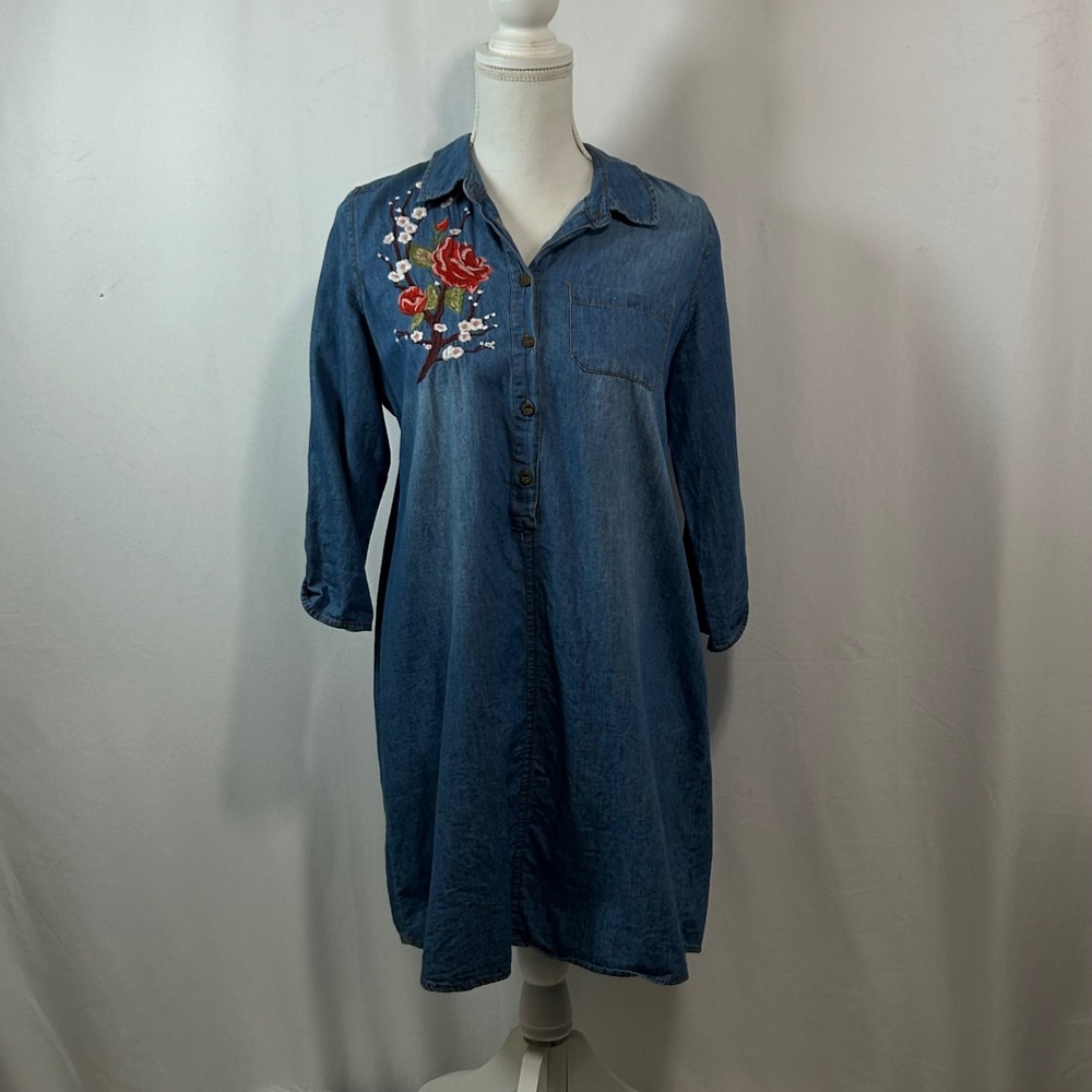 Wishful‎ Park Denim Dress Medium Embroidered Cottagecore Retro